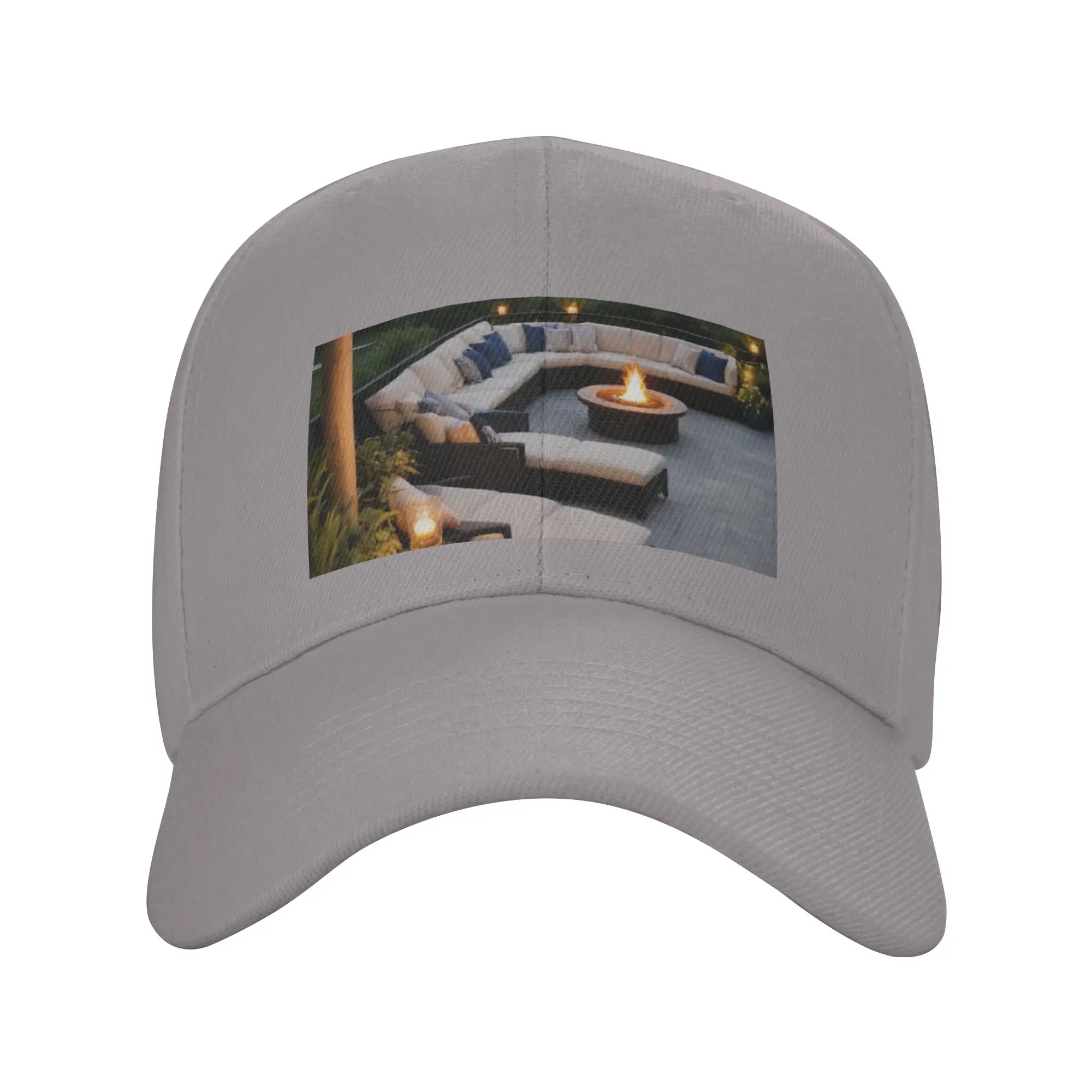 Evening Glow   Luxurious Outdoor Patio with Fire Pit Trendy Baseball Cap Family Travel Adjustable Size Snapback Cap