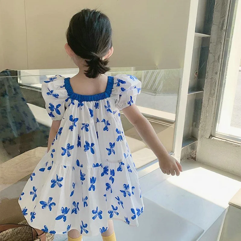 Children Summer Cute Dresses Girls Print Floral Vestidos Baby Casual Short Sleeves Dress 2024 New Kids Puff Sleeve Clothing