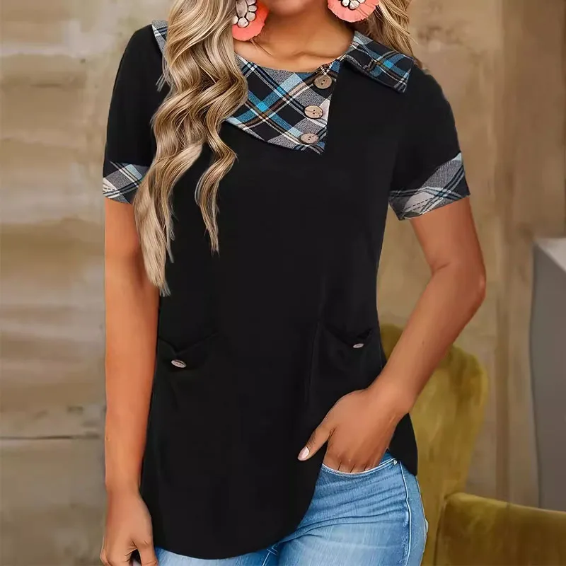 Women Summer Large Size Plaid Patchwork Contrasting Colors T-shirt Round Neck Pocket Short Sleeved Casual Affordable T-shirt