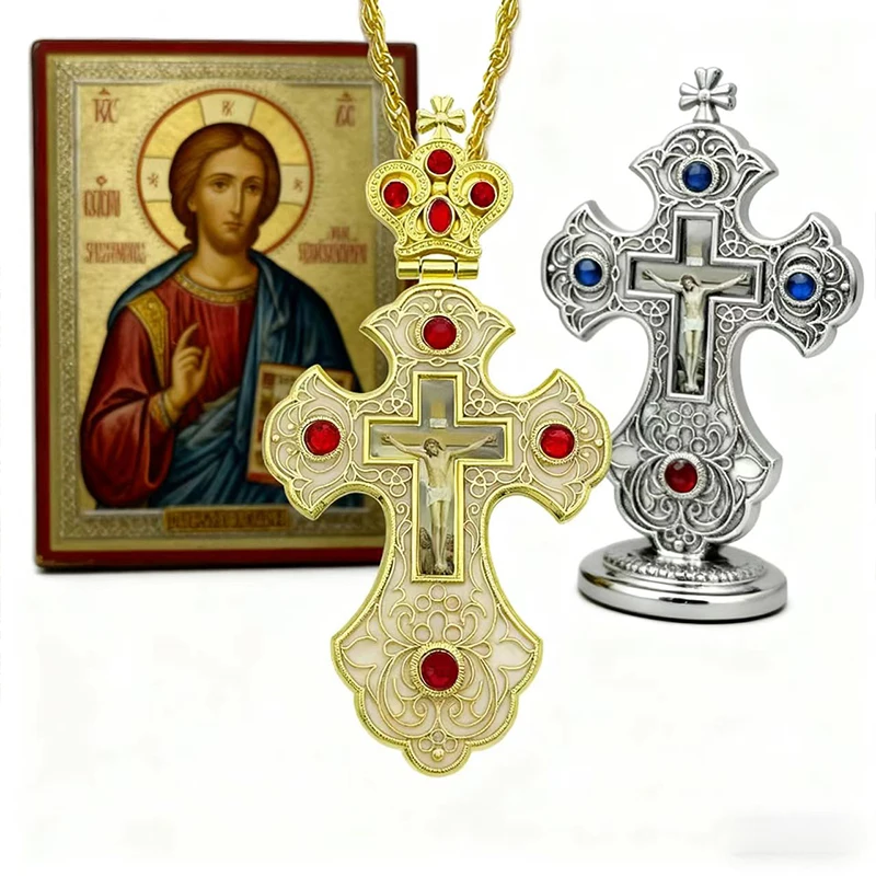 Neue 2026 Luxus-Emaille-Orthodoxe-Kreuz-Halskette mit rotem Kristall & vergoldetem Kruzifix-Ikonen-Schmuck für Priester, Liturgie & Sakramente – Detail 10