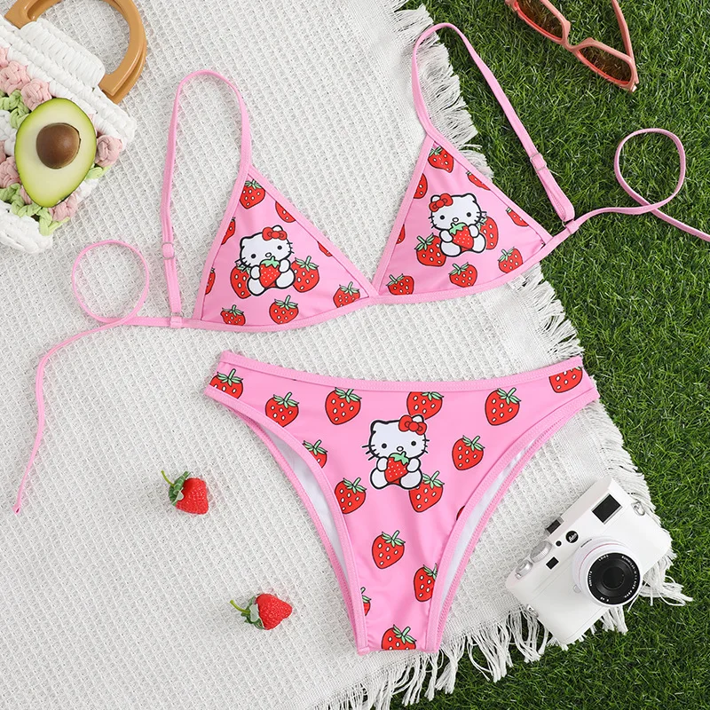 Anime Hello Kitty 2 pezzi intimo per ragazze Cartoon Kt Cat Spoof Kitty bikini costume da bagno con pettorali slip reggiseno da donna alla moda