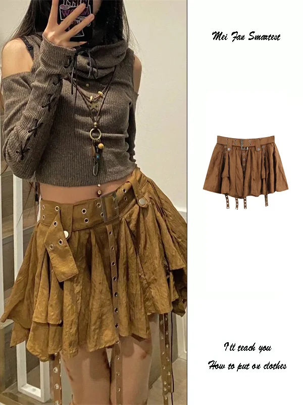 

Ce Color f-length Skirt Women's Autumn Vintage Design Irregular Pleated ort Skirt High Waist Korean Sle Commute