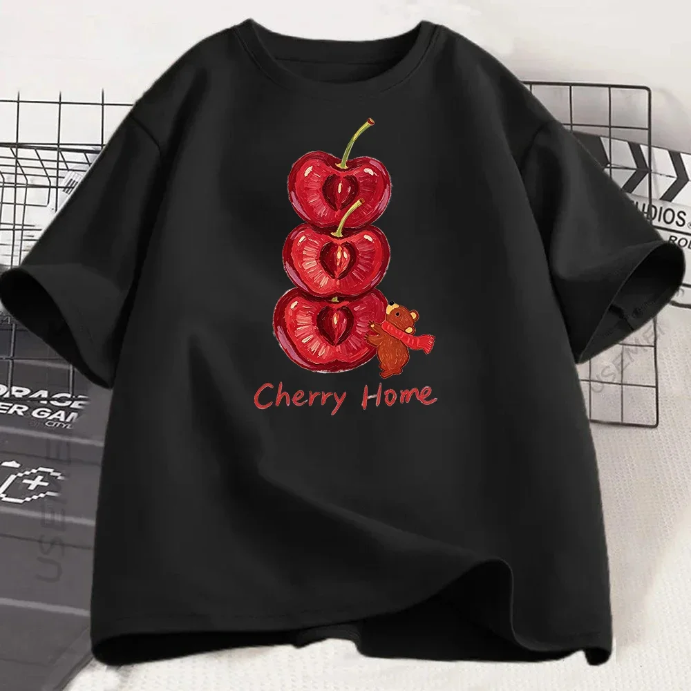 New Cherry Print T Shirt Women Cute Cartoon Bear Graphic Tee Summer Casual Short Sleeve Loose White Top Kawaii Harajuku Style