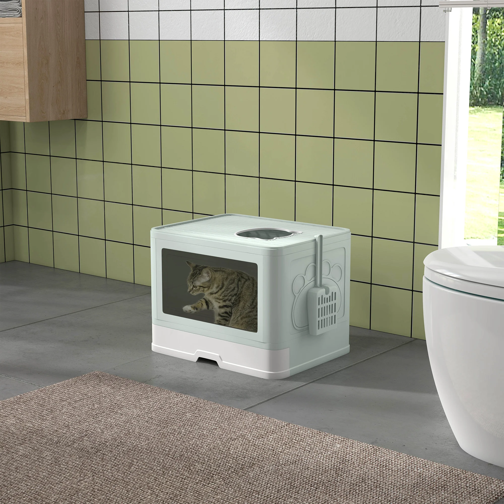 Cat Litter Box, Front Entry, Top Exit Cat Litter Tray, Odor Control Enclosed Cat Pan with Scoop, Pull-out Tray, Easy to Clean