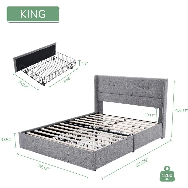 Novilla Upholstered king-size platform with storage drawers and fabric headboard, no box spring required