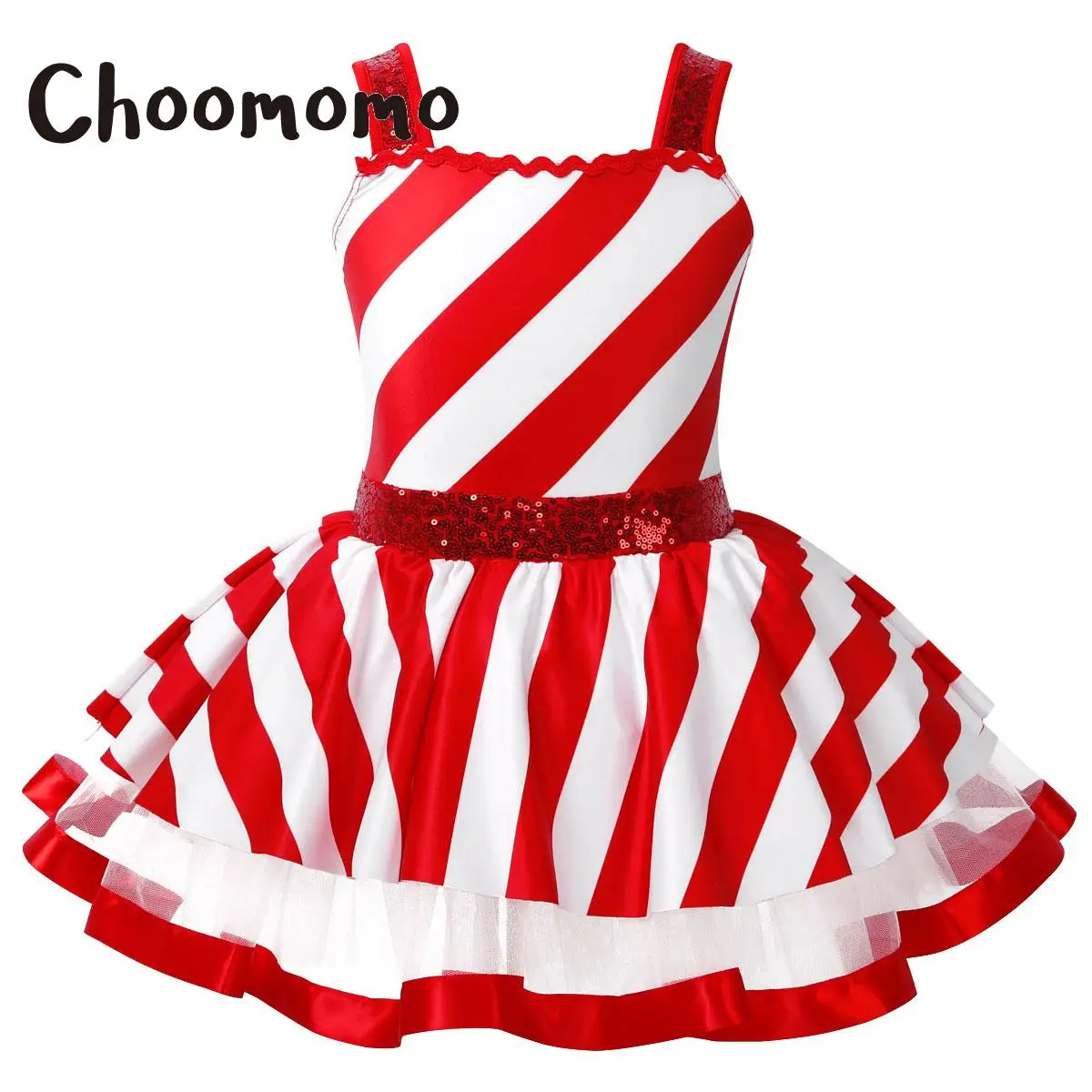 

Girls Candy Cane Christmas Dance Costume Sleeveless Sequin Striped Mesh Tutu Dress Figure Skating Ballet Leotard Dress Dancewear