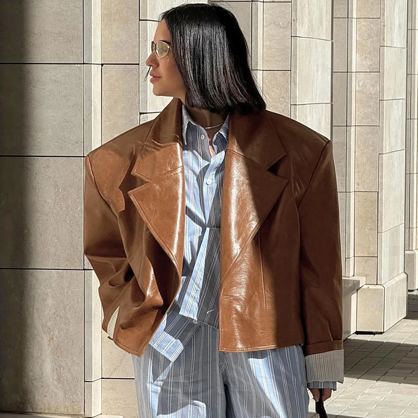 

Linad Street Chic Brown PU Cardigan Jackets Elegant Notched Collar Buttons Coat For Woman 2025 Autumn Fashion Outerwear Tops