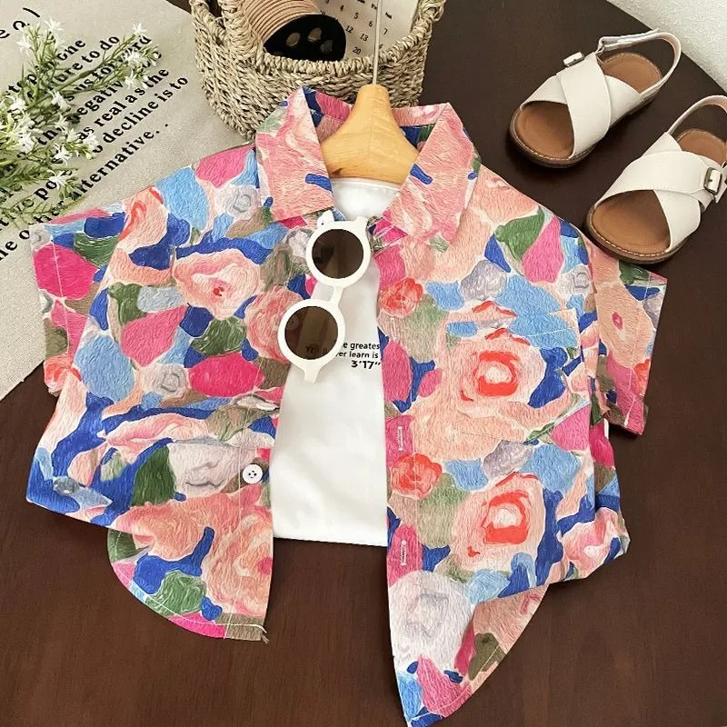 

Новая летняя винтажная рубашка для мальчиков 2026 года, хлопковая повседневная рубашка с коротким рукавом и открытым воротником, курортный кардиган