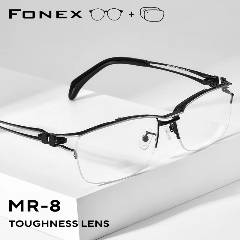 FONEX Progressive Prescription Eyeglasses Photochromic Myopia Optical Lens Eyewear Men Square Glasses Semi-Rim Titanium Frame