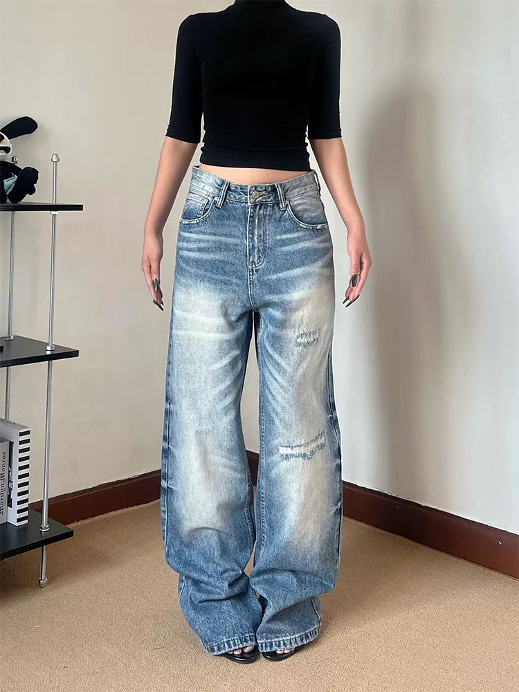 

plus Size American Retro Washed Distressed Straight Leg Denim Jeans Women Loose Casual Wide Leg Long Pants High Waist