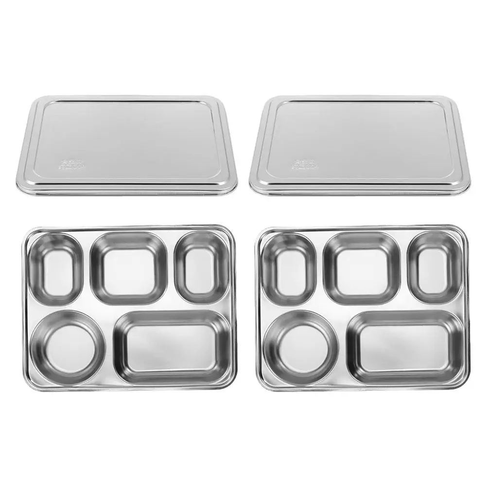 

2Sets Stainless Steel Divided Food Plate Five Compartments Dinner Tray Wear Resistant Kitchen Food Holder Divided Plate