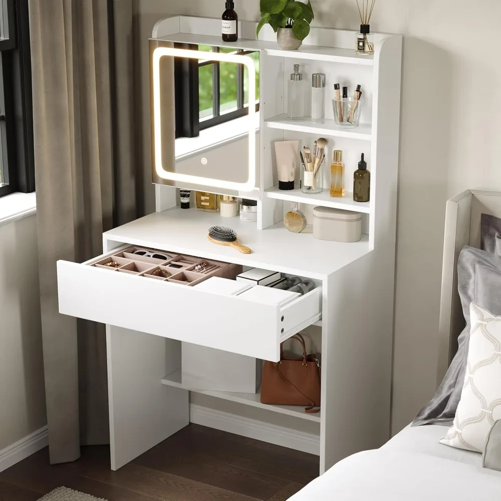 

Small Vanity Desk with Mirror and Lights, Makeup Vanity with Drawer & Storage Shelves, 3 Lighting Modes Adjustable Bright
