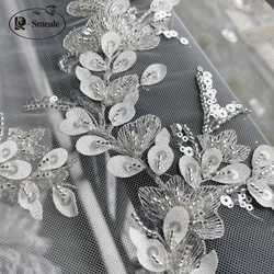 Ivory Luxury Beaded Applique Bridal Lace Fabric Silver Embroidery Flowers and Leaves Sequins High-end Dress Fabric Lace RS3105