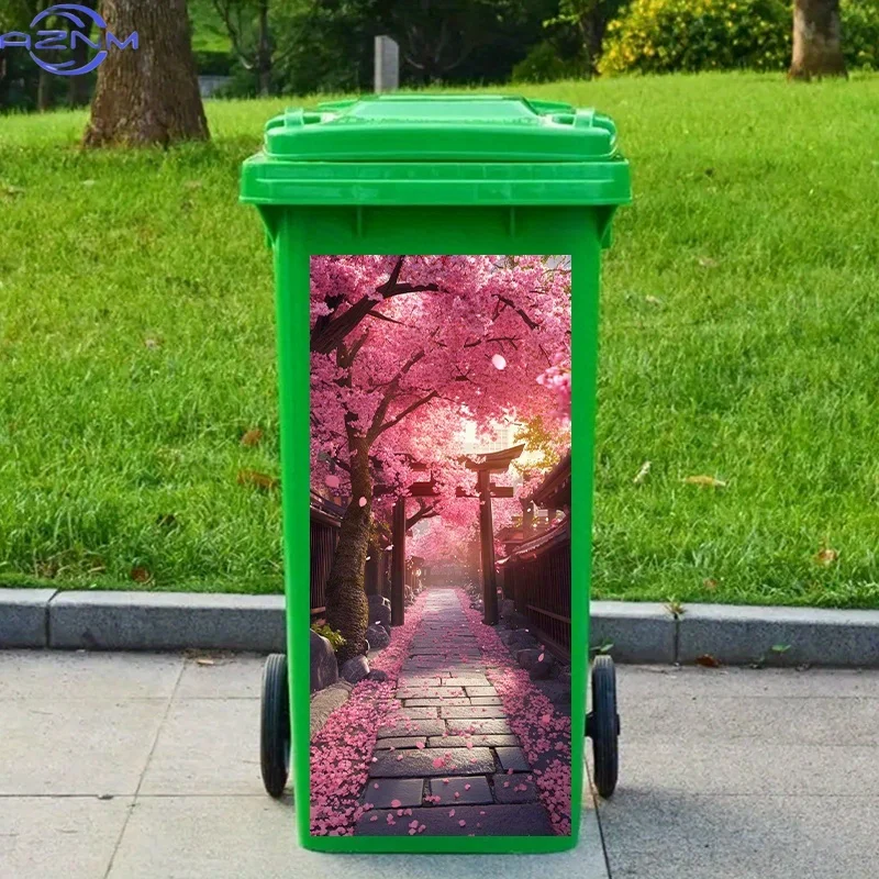 Trash Can Sticker, 14.57 * 32.28 Inches, Cherry Blossom Avenue with Colorful Falling Petals, Sunlight Shining Through the Fore