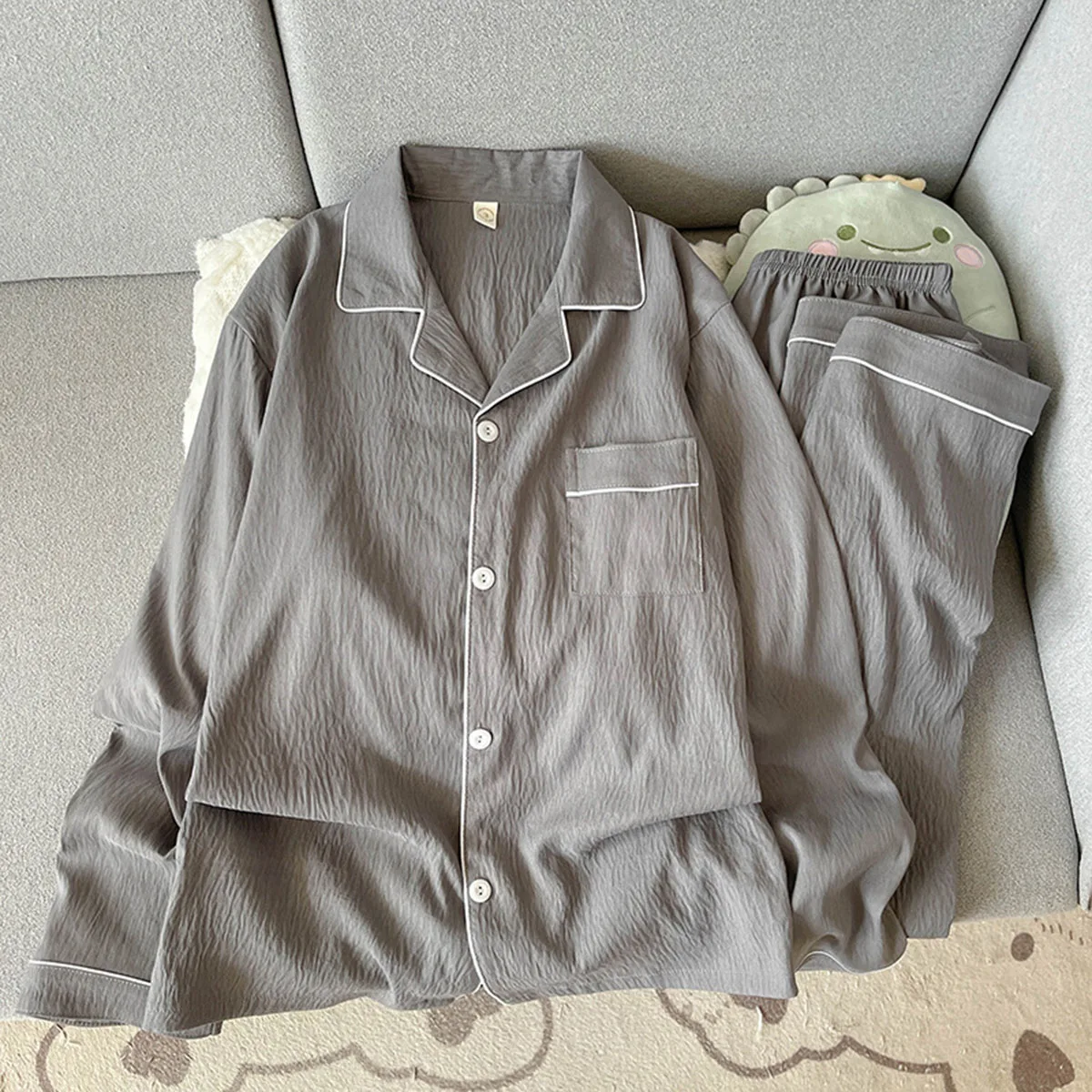 Autumn New Solid Simple Men's Pajamas Set Plus Size Lapel Neck Long Sleeve 2 PC Men's Pajamas Casual Soft Oversized Loungewear