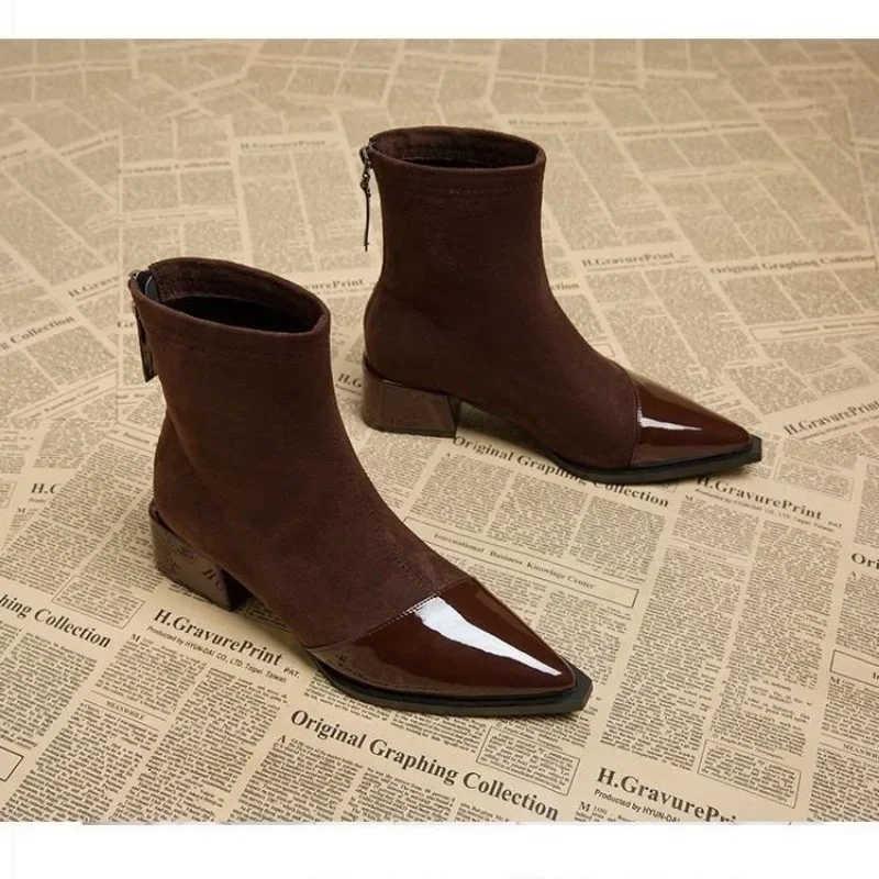 2024pointy japanned leather short winter boots women flock patchwork chelsea booties back zipper square heels botas big size