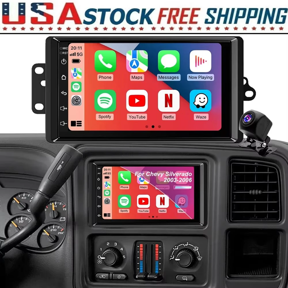 7inch Android 13 Touch Screen Car Stereo Radio 2+64GB GPS Navigation For Chevy Silverado 1500/2500/3500 2003-2006 Tahoe 2003-2006 GMC Sierra 1500/2500/3500 2003-2006 Yukon 2004-2006 Support CarPlay Backup Camera Bluetooth AHD Camera 5GWiFi FM DSP SWC