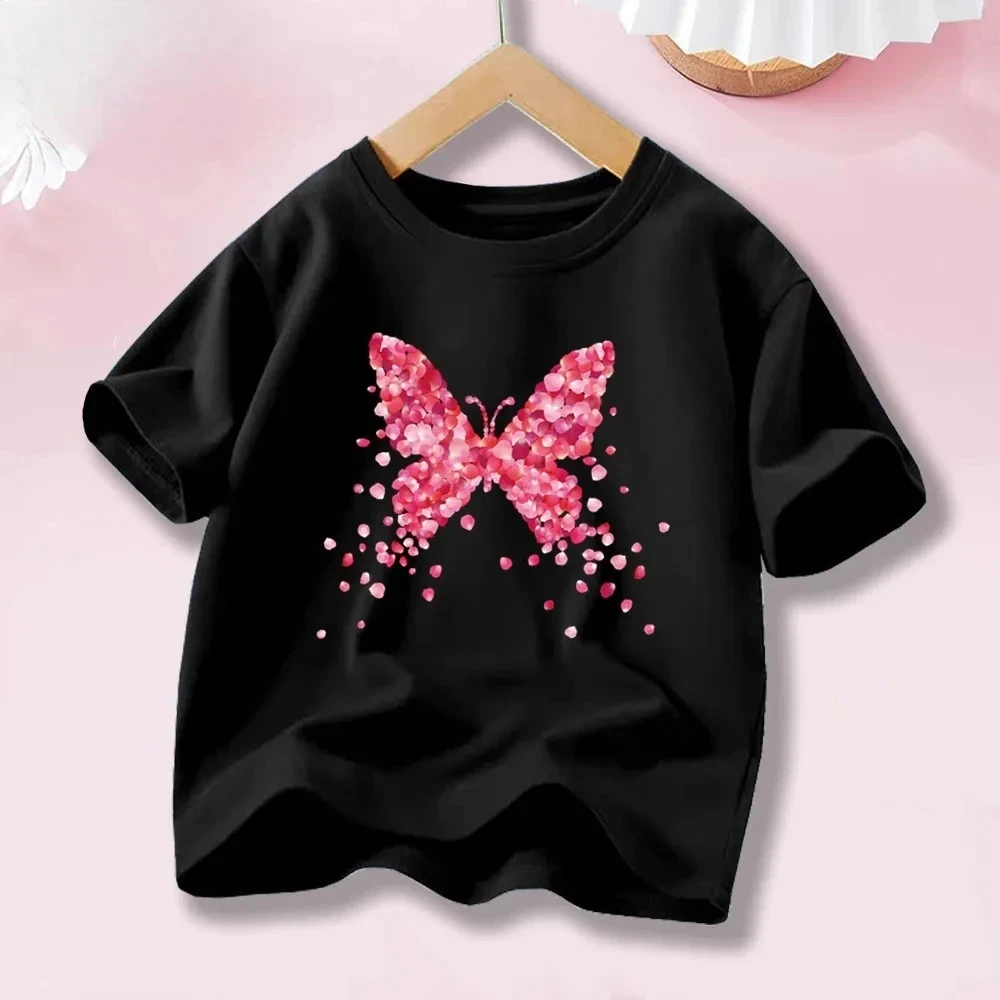 Boys Girls Pink Petal Butterfly Print T‑Shirt Short Sleeve O‑Neck Casual Loose Kids Fashion Daily Tees Tops
