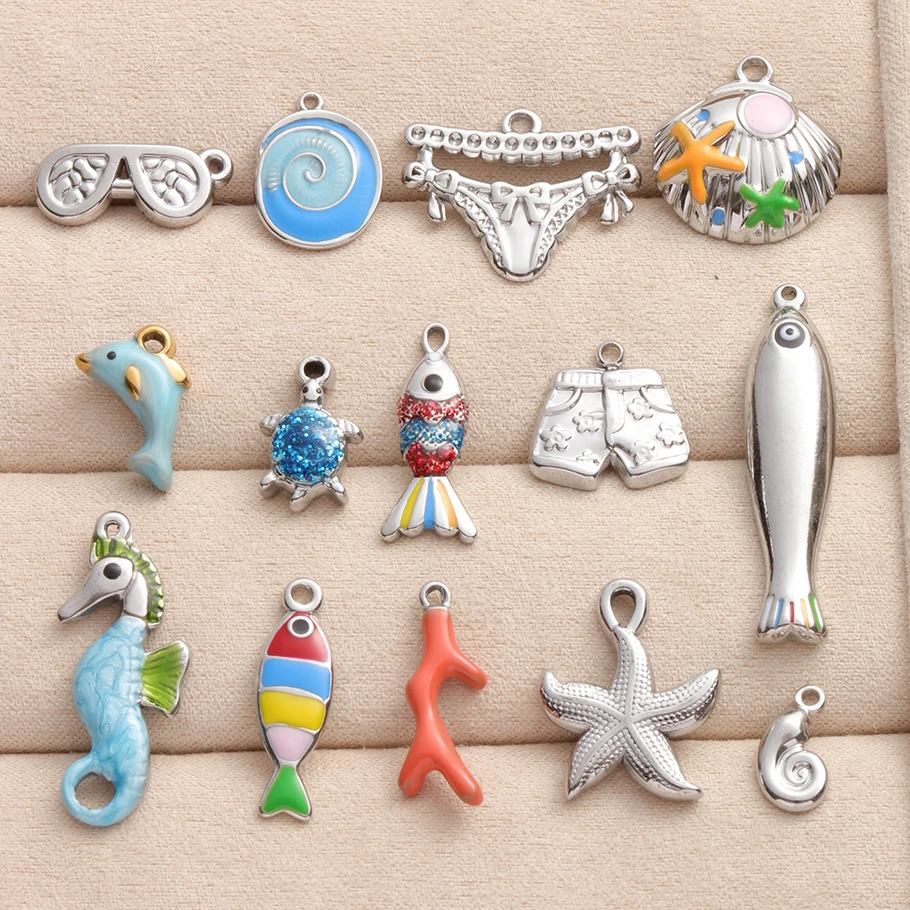 6pcs Cute Marine Animal Blue Dolphin Starfish Silver Color High Quality Pendant Colorful Fish Stainless Steel DIY Jewelry Charms
