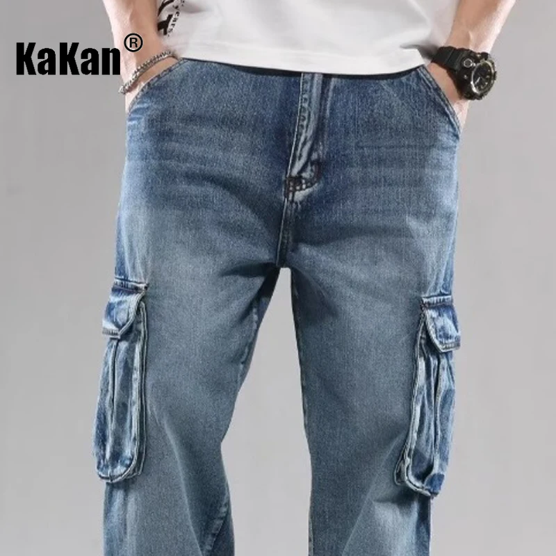 Kakan - 새로운 남성 멀티 포켓 청바지, Y2k 의류 스트리트 루즈 와이드 레그 롱 청바지 청바지 남자 브랜드