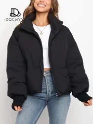 Veste en coton d'hiver pour femme, ample, mince, chaude, vêtements de pain, court, fermeture éclair, manteau monochromatique, hauts Parkas, nouveau, 2024