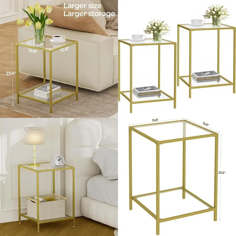 

Modern 2-Piece Side Tables Set with Tempered Glass and Storage Shelves, 15.7 Square, Golden for Living Room and Bedroom