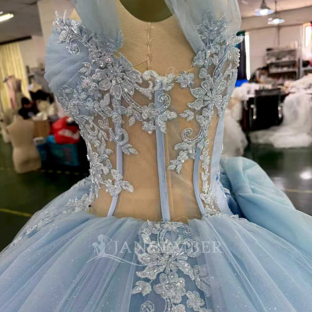 블루 프린세스 볼 가운 킨세아녜라 드레스 반짝이는 스쿱 레이스 생일 파티 맞춤형 우아한 파티 드레스