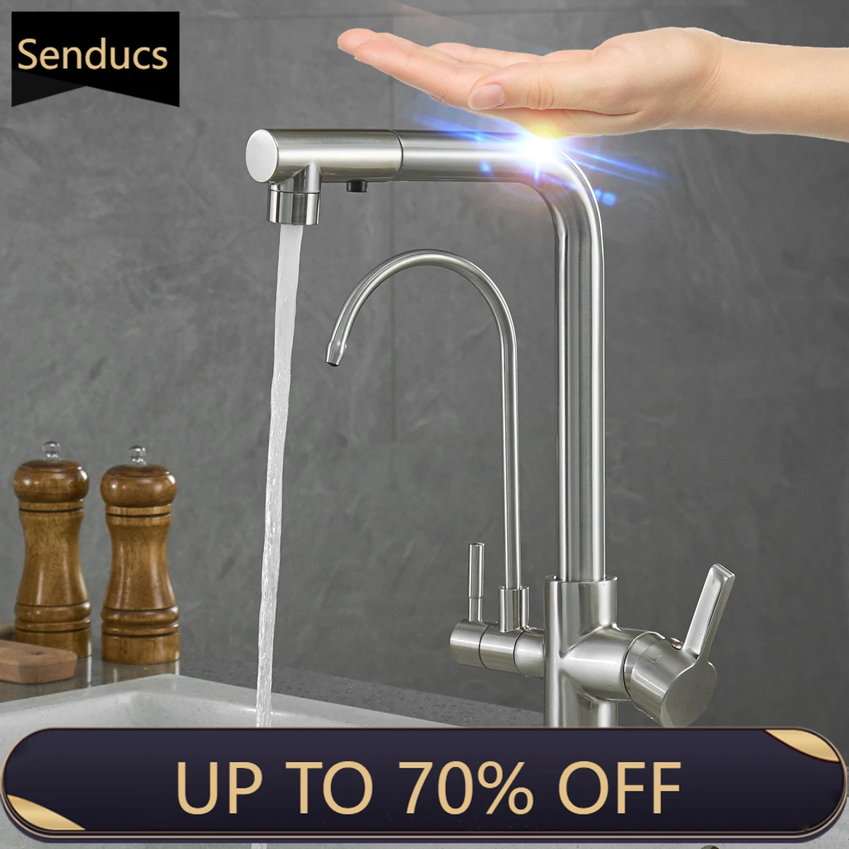 

Brushed Nickel Touch Filter Kitchen Faucets Quality Brass Hot Cold Pull Out Kitchen Sink Mixer Tap Smart Touch on Kitchen Faucet