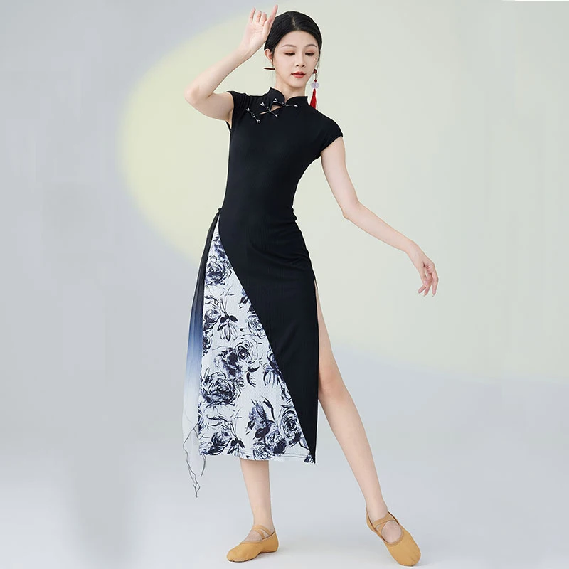 

Classical Dance Costumes Print Cheongsam Dance Split Elegant Floral Print Traditional Performance Stage Dress Chinese Hanfu