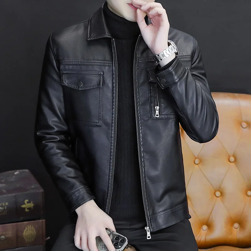 

2023 Men's Autumn New Polo Collar Leather Youth All-Matching Loose Casual PU Leather Jacket