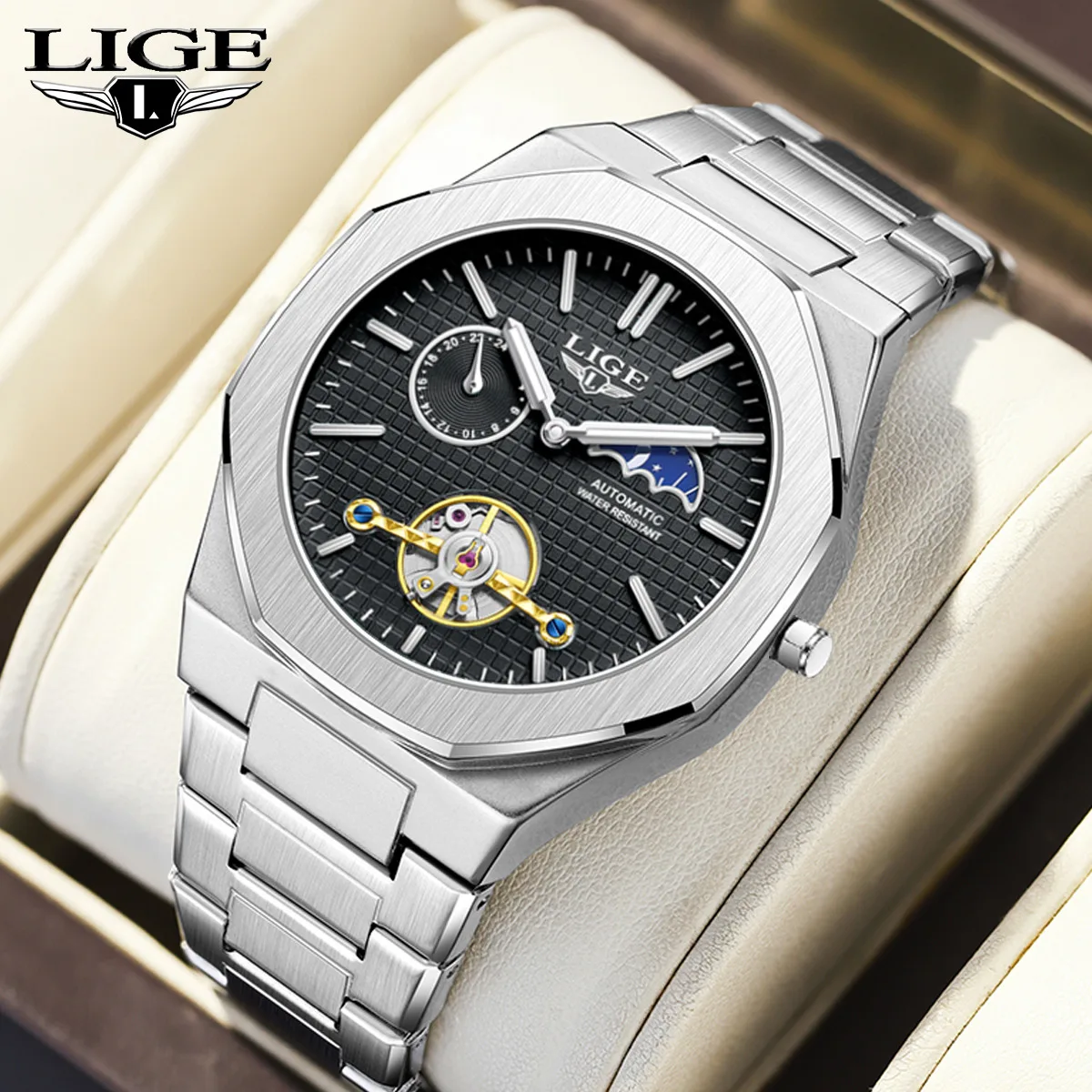 

LIGE мужские роскошные часы из нержавеющей стали, механические наручные часы, модные деловые светящиеся классические мужские часы с турбийоном и фазой Луны