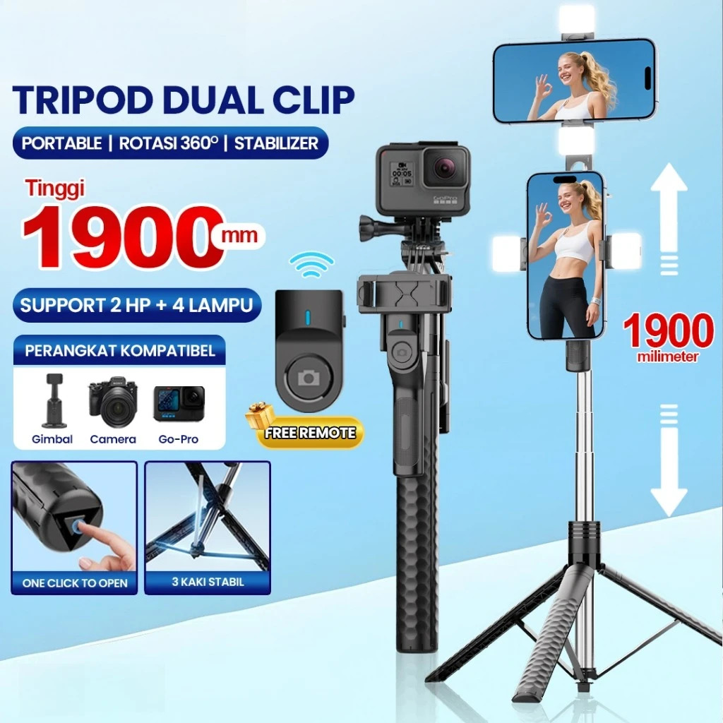 

Выдвижной штатив для селфи-палки 1900 мм, ручной стабилизатор на 360 градусов, вмещающий 2 зажима для мобильных телефонов, совместимый с IPhone Android