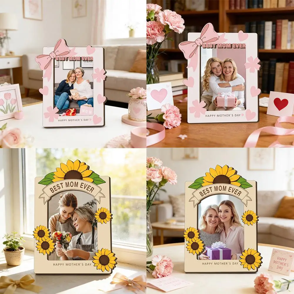 2pc Wooden Picture Frame, 5mm White Double-Layer Wood Board Picture Frame, Pink Ribbon Square Sunflower Standing Sign