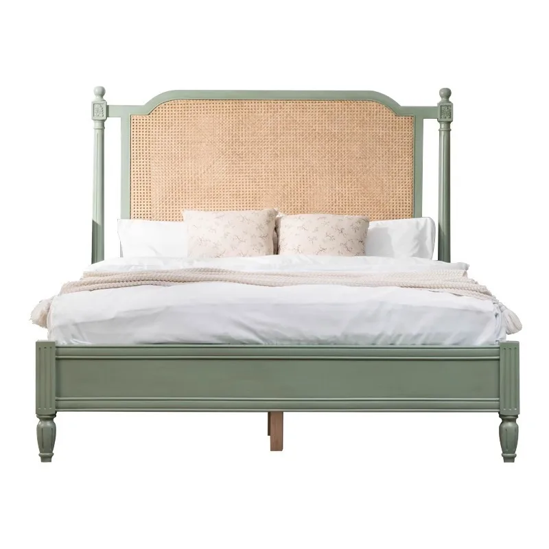 Lit nordique en rotin et bois massif, vent crème, chambre à coucher domestique, lit double de 1.8 mètres, ins wabi, vent de sable