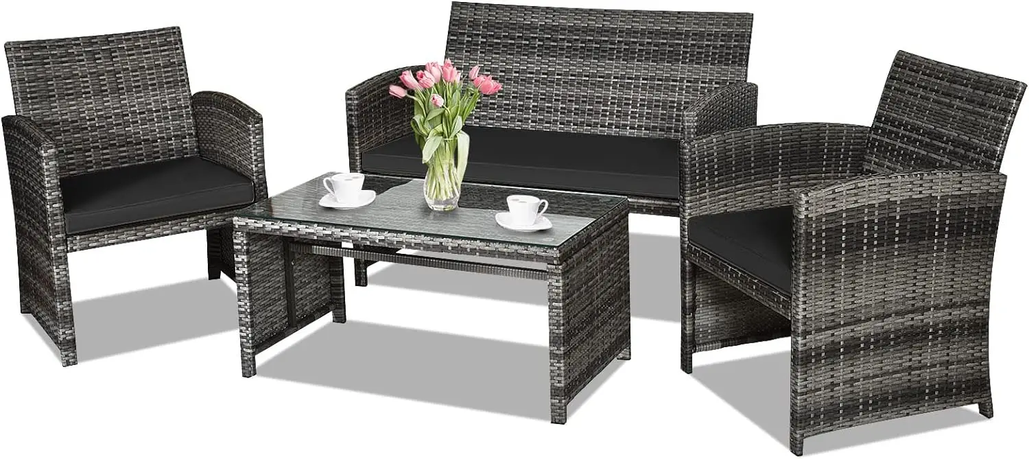 

4-Piece Rattan Patio Furniture Set, Outdoor Wicker Conversation Sofa with Weather Resistant Cushions and Tempered Glass Tabletop