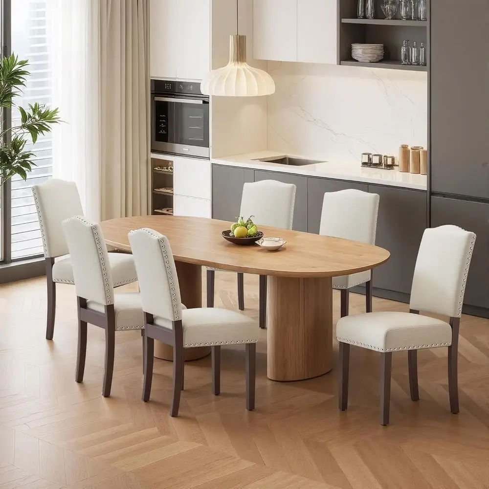 

Set of 6 Upholstered Dining Chairs with Thickened Seat Cushion, Wooden, Beige Fabric for Kitchen, Dining Room, Living/Restaurant