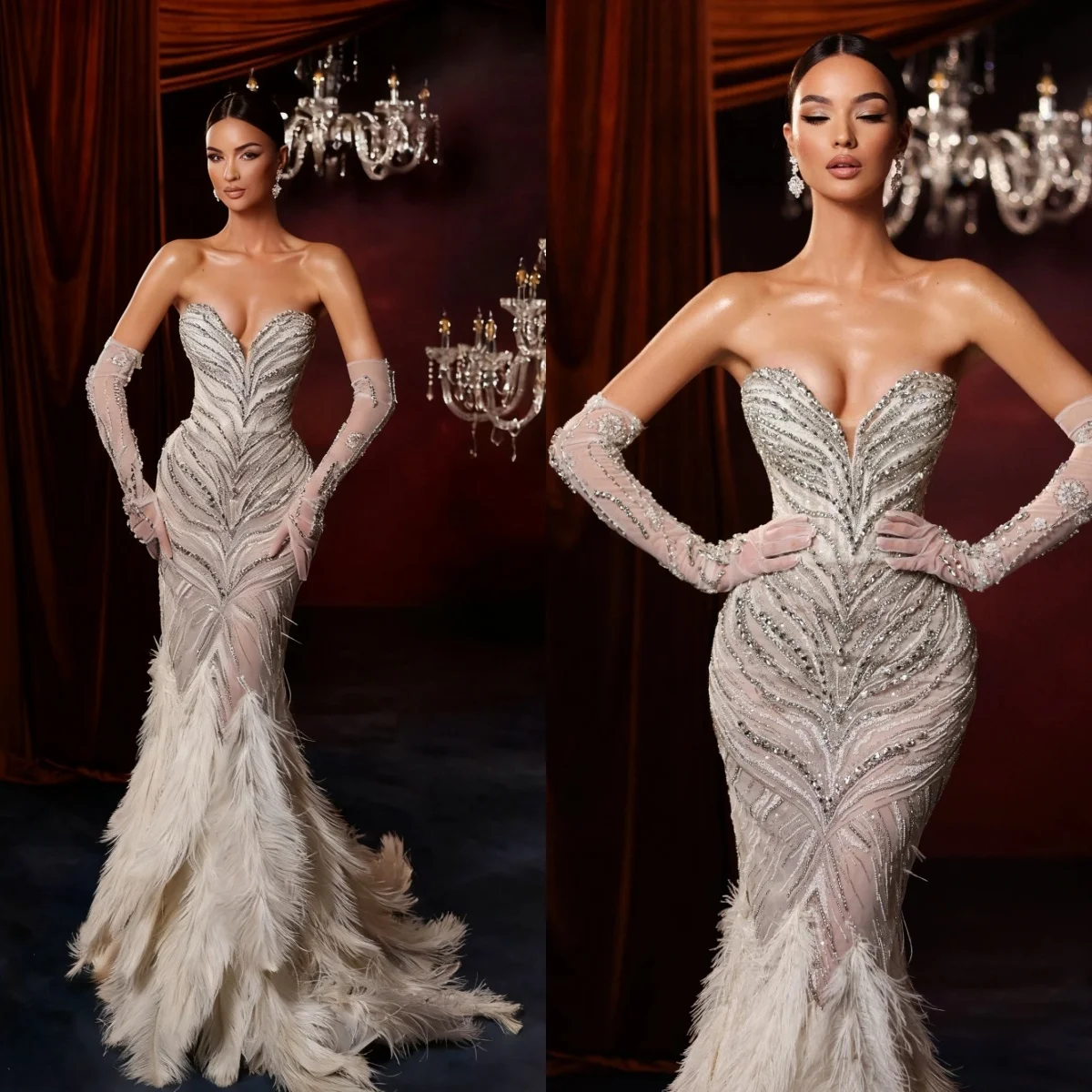 

Luxury Mermaid Prom Dresses Sweetheart Strapless Floor-Length Feather Lace Bridal Gowns Plus Size Formal Occasion Customized