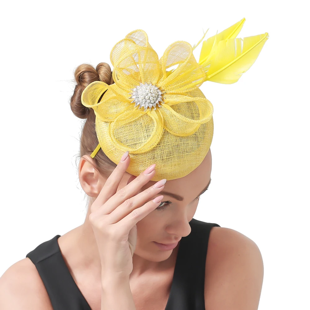 Vintage Yellow Sinamay Fascinator Hat Party Formal Fedora Hats High Quality 4-Layer Headband Bridal Party Show Headpiece Clip