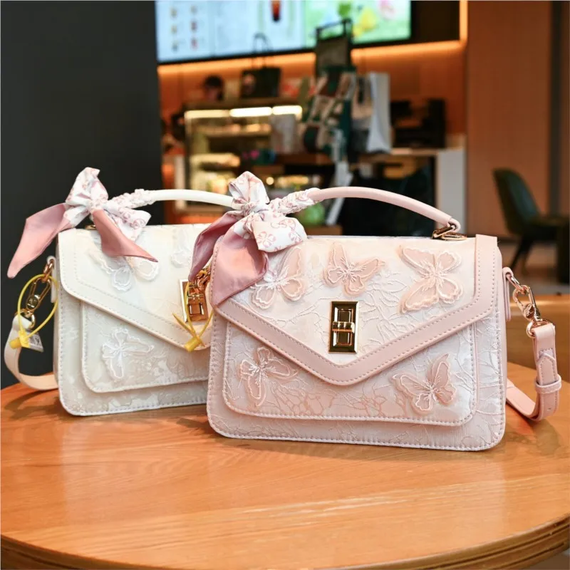 Light luxury brand women's bag 2025 new high-end butterfly scarf shoulder bag sweet designer versatile crossbody square bag