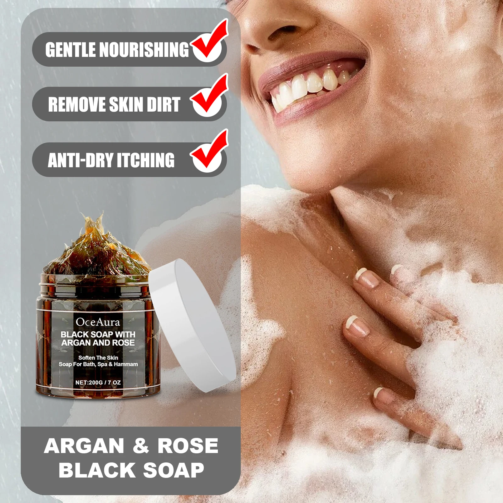 

OCEAURA 200 г черное мыло для купания с аргановой розой, нежное питательное средство для удаления кожи, грязи поверхности, глубокое увлажнение, блокировка, защита от сухого зуда