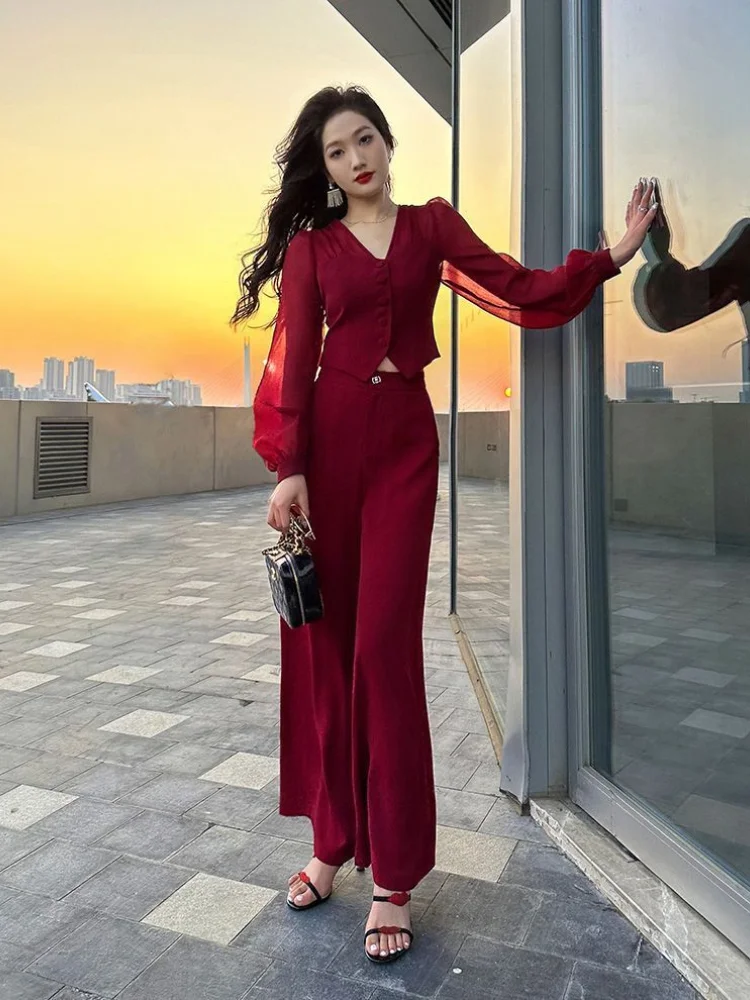 Ladies Trouser Wide Leg Women\'s Blouse and Pants Two Piece Set Spring Autumn Red Offer Free Shirt Shipping Korea Stylish Tailor