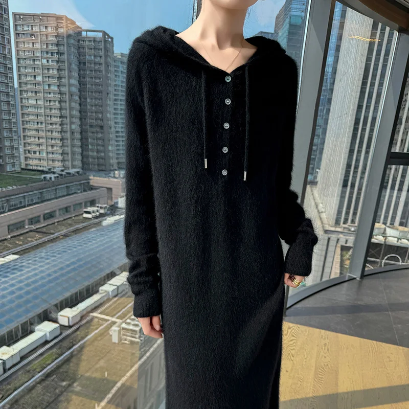 Novo vestido feminino com capuz de manga comprida de malha elegante suéter de cor sólida pulôver feminino 100% vestido de caxemira de vison