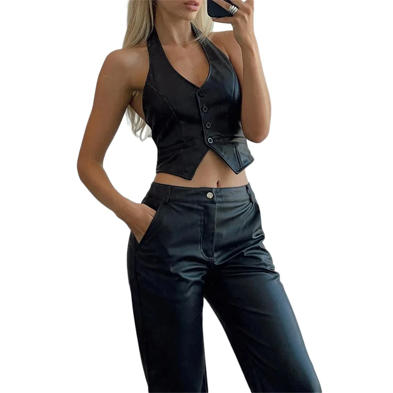 PU Leather Vest Vintage Women Sleeveless V Neck Button Tank Tops Dark Academia Waistcoat Female Summer Fall