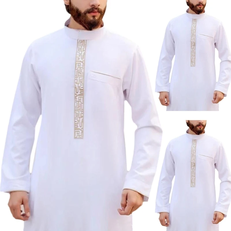 Mens Long Sleeve Kaftan Arab Robe Stand Collar Muslim Robe Crew Neck Arab Robe Islamic Robe Muslim Ethnic Clothing Robe