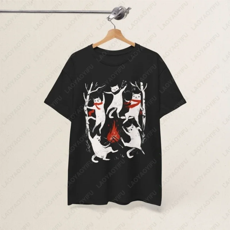 Campfire Cat Funny Witchy Cottagecore Tshirt Whimsical Kitty Around Branches Scarves Tops Men Women Cotton Kawaii Casual Tees