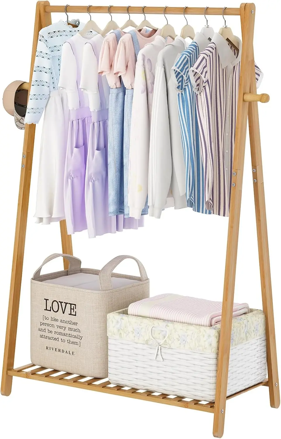 

Bamboo Wood Clothes Hanging Rack for Kids, Free Standing Garment Rack for Bedroom or Living Room, Compact Space-Saving Design