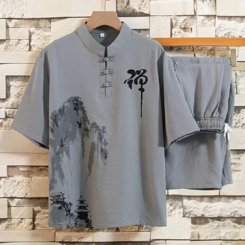 

Summer New Fashion Trendy Ice Silk Breathable Cotton and Hemp Set for Men's Casual Loose Sports High Quality Two piece Set