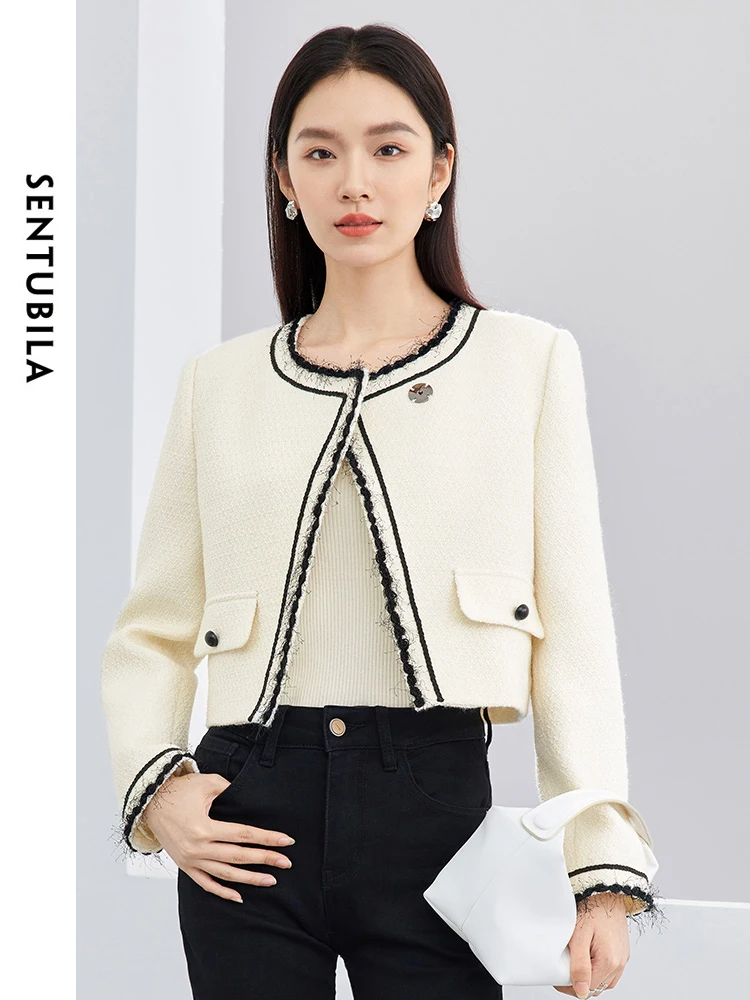 

SENTUBILA Women Textured Wool Blend Tweed Jacket Fashion 2024 Spring Contrast Autumn Cropped Jackets Female Outerwear 141W52669