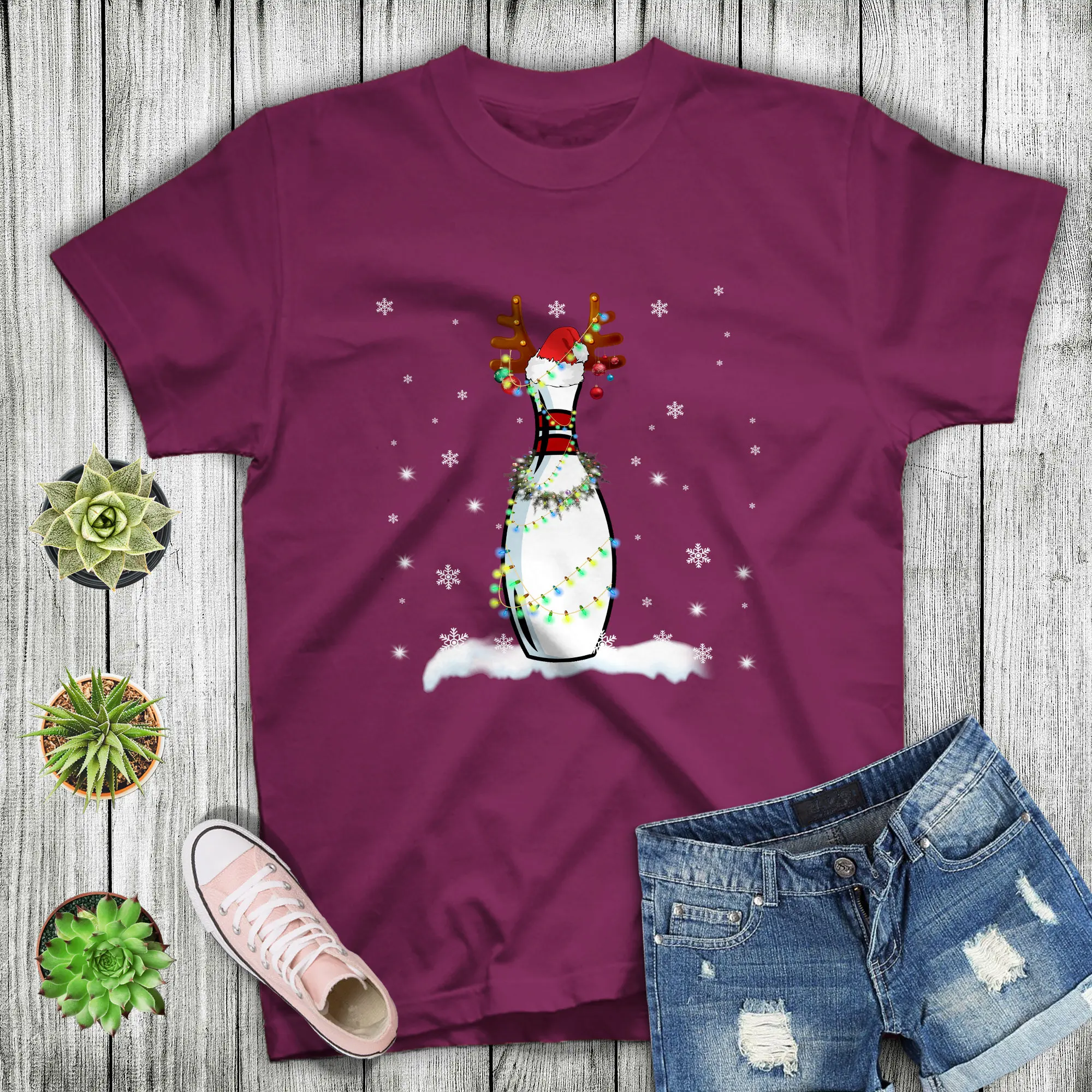 Christmas T Shirt Bowling Ball Pins Santa Hat For