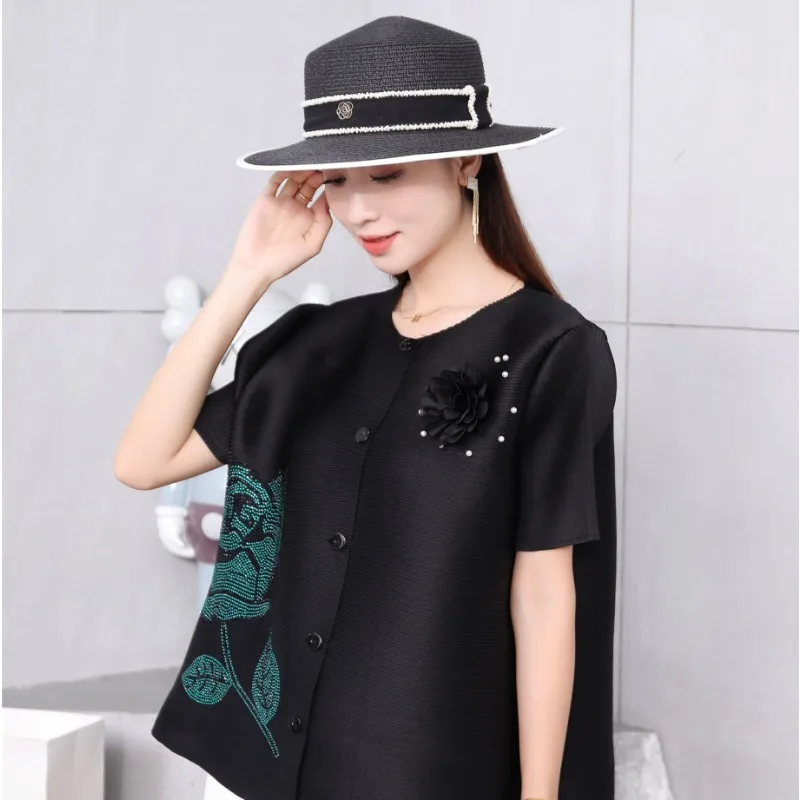 

ALSEY Miyake Pleated Women's Long Sleeve Shirts and Blouses 2023 Summer New Loose Fashion Print casual Cardigan Tops Women